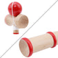 Wooden kendama skill toy with red ball, red end caps, and looped string