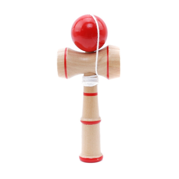 Wooden kendama skill toy with red ball, red-striped wooden handle, and extra string loop
