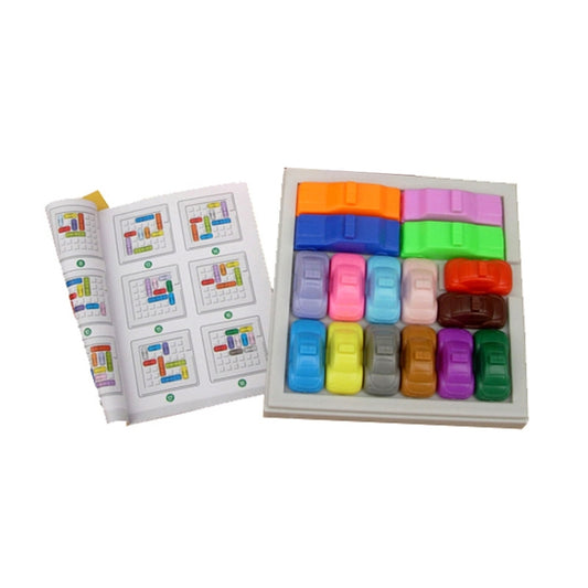 Children's IQ car puzzle set with colored track pieces and instruction cards