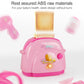 Pink toy appliance with open top lid and glowing button on front