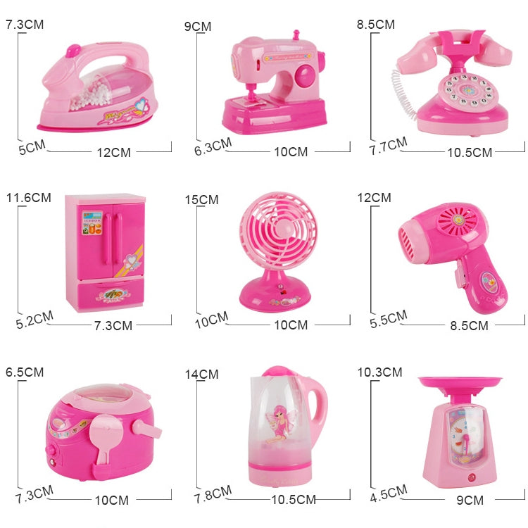 Pink children’s pretend appliance set shown with iron, fan, kettle, fridge size diagrams