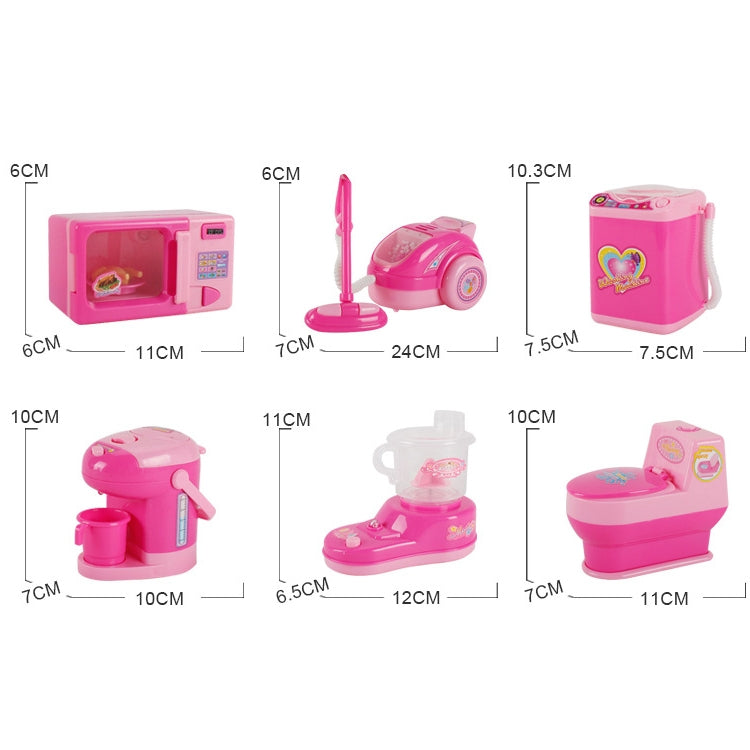 Pink mini toilet playset shown in multiple views with handle and accessory parts