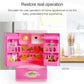 Pink toy home appliance cabinet with open doors, shelves, and interior items