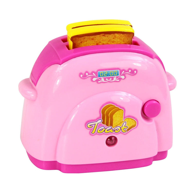 Pink mini bread machine pretend play toy with open yellow bread lid and front slot