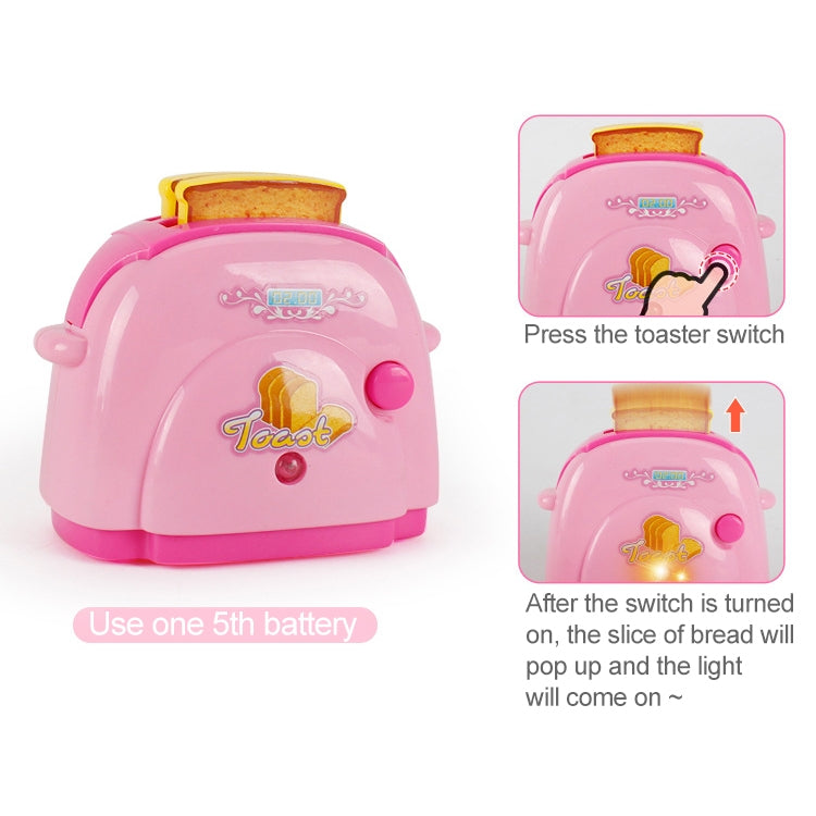 Pink mini bread machine pretend play toy with raised lid, front knob, and bread opening