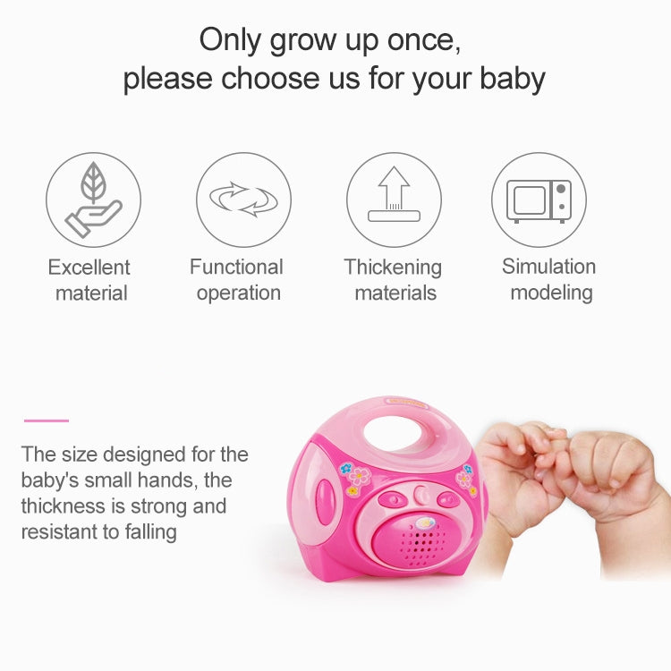 Pink pretend bread-making toy with round speaker grille and top opening held in hand