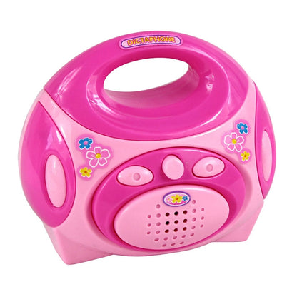 Pink handheld toy radio with speaker grille and top carry handle for pretend play