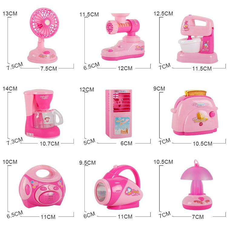 Pink toy radio in a size chart layout with multiple pretend appliance views