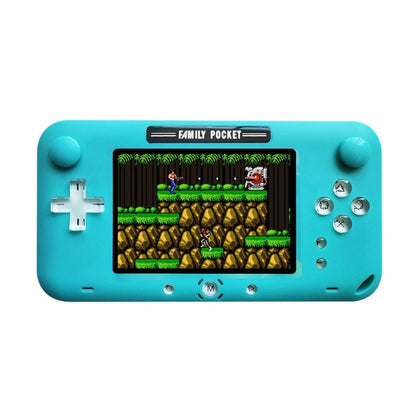Blue handheld pocket game console with game screen, D-pad, and face buttons