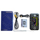 Blue 4-inch pocket handheld game console with buttons, D-pad, and screen, plus cables