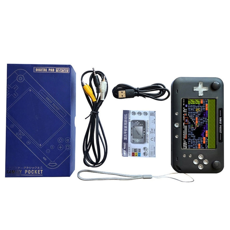 Blue 4-inch pocket handheld game console with buttons, D-pad, and screen, plus cables