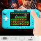 Blue handheld pocket game console held in hand with retro game on display
