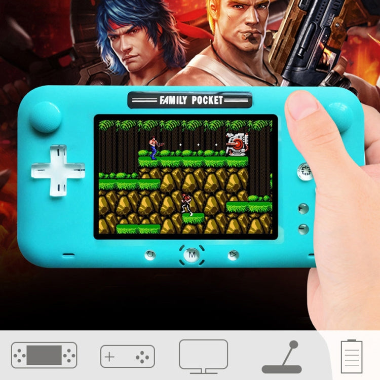 Blue handheld pocket game console held in hand with retro game on display