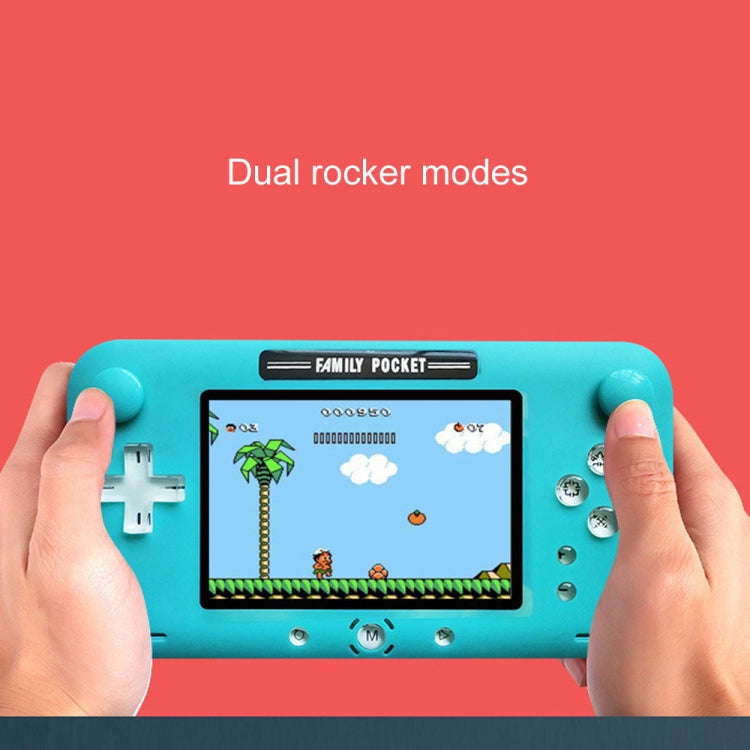 Hands holding blue handheld pocket console with game on 4.0-inch screen