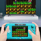 Blue handheld pocket console held up, gameplay visible on the screen