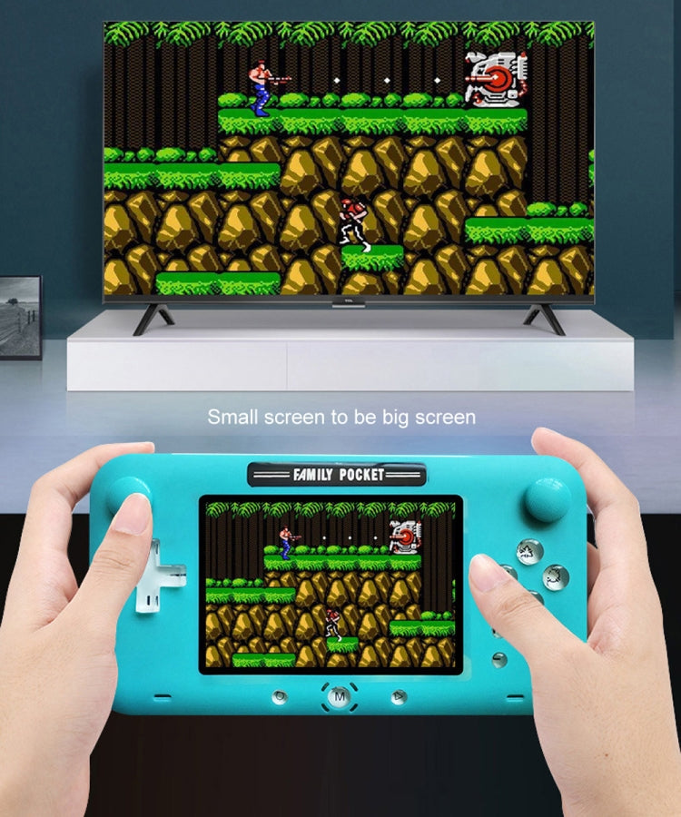 Blue handheld pocket console held up, gameplay visible on the screen