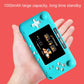 Blue handheld pocket game console in palm, showing side charging port
