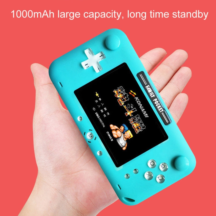 Blue handheld pocket game console in palm, showing side charging port