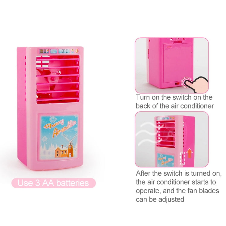 Pink mini air conditioner toy with front vent grille; view of back switch area