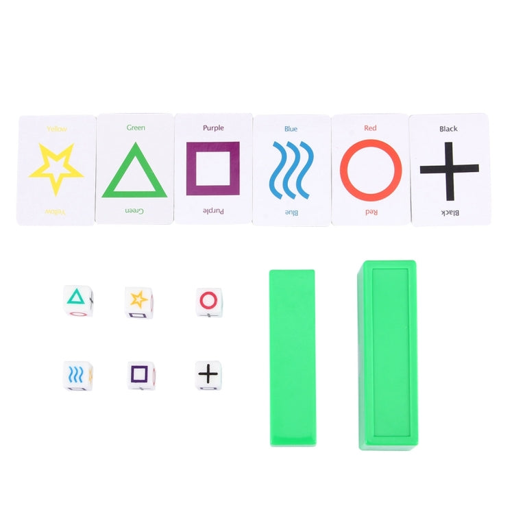 Magic dice puzzle toy set with symbol tiles and green slim case