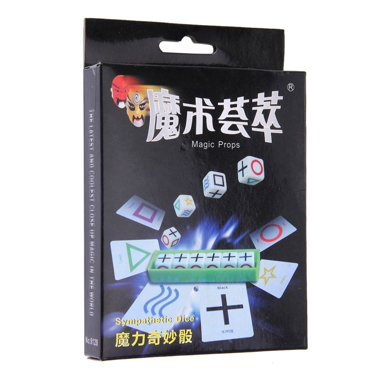 Magic props box packaging for sympathetic dice with symbol tiles and dice icons