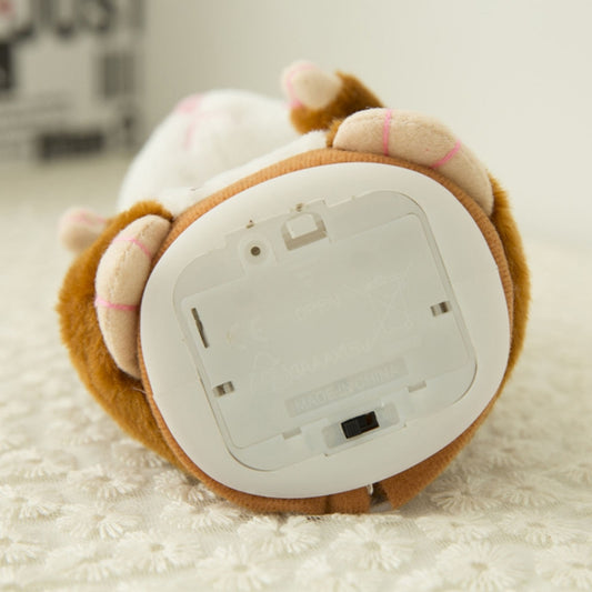 Gray plush hamster toy with back panel showing battery compartment cover.