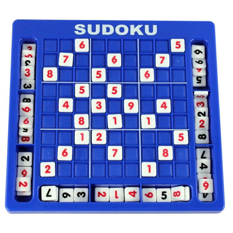 Blue 9x9 Sudoku puzzle board with white tiles and red/black numbered cells