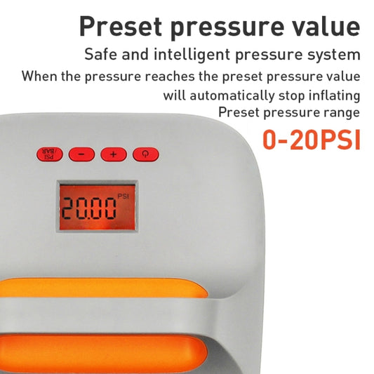 Electric air pump screen with preset pressure readout, orange handle, gray housing