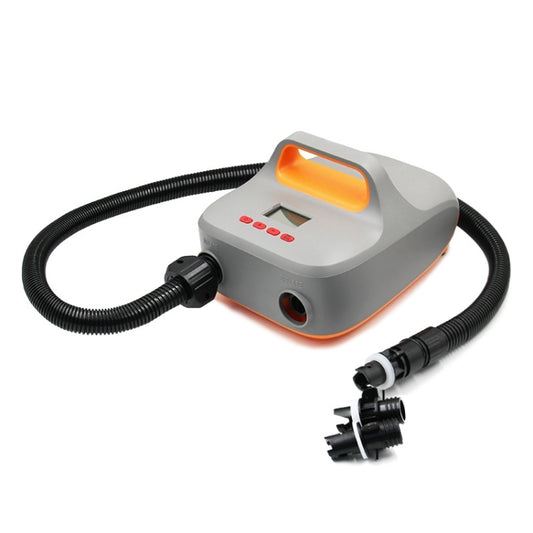 12V electric air pump with orange carry handle and digital display, gray body, flexible hose