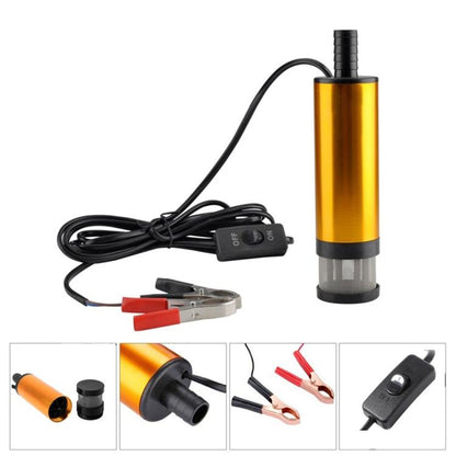 24V DC submersible fuel pump with external filter, gold body and black power cable