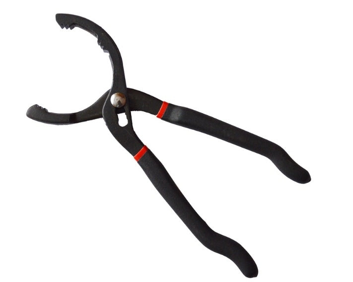 12-inch oil filter wrench pliers with curved gripping jaws and red accent bands