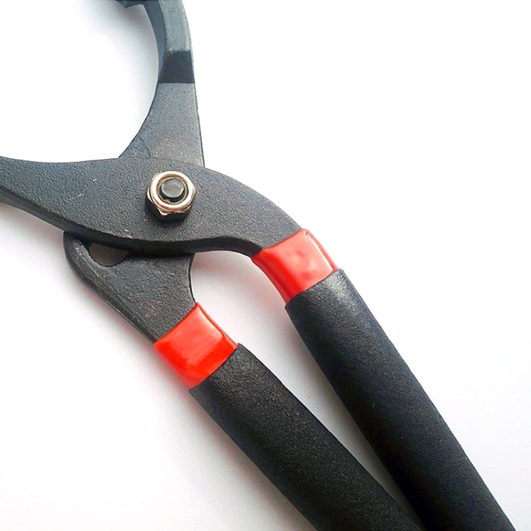 Oil filter wrench pliers handle with red grips and gold pivot bolt, black coating
