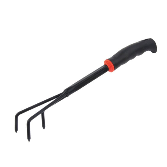 Three-tooth grass rake with orange handle and black metal tines