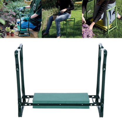 Green folding garden stool with mesh-texture seat and dark green steel frame