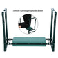 Folding garden stool with dark green steel legs and teal-green padded seat top