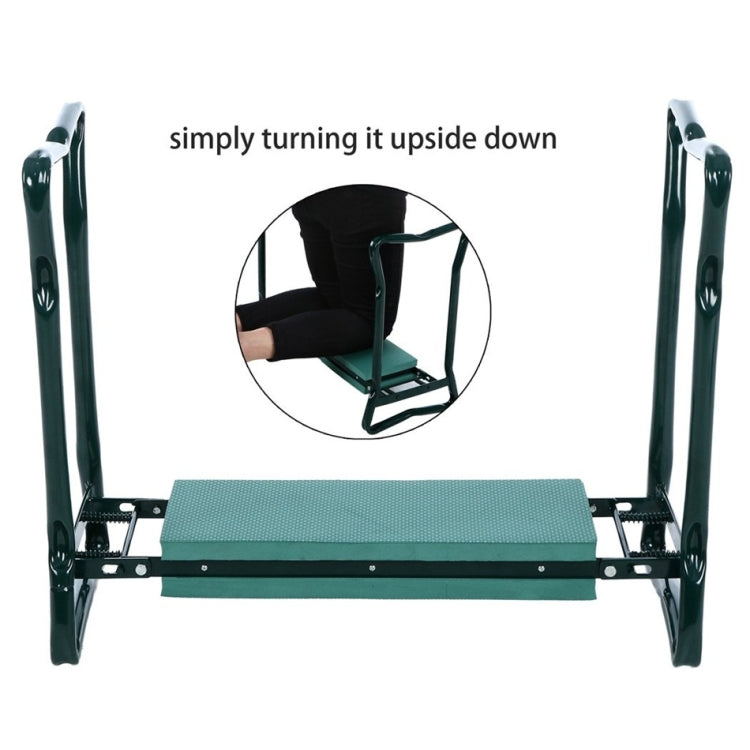 Folding garden stool with dark green steel legs and teal-green padded seat top