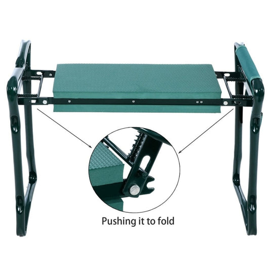 Green folding garden stool with hinged steel supports and textured seat surface