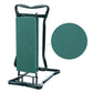 Compact folding garden stool with green textured seat panel and steel base frame