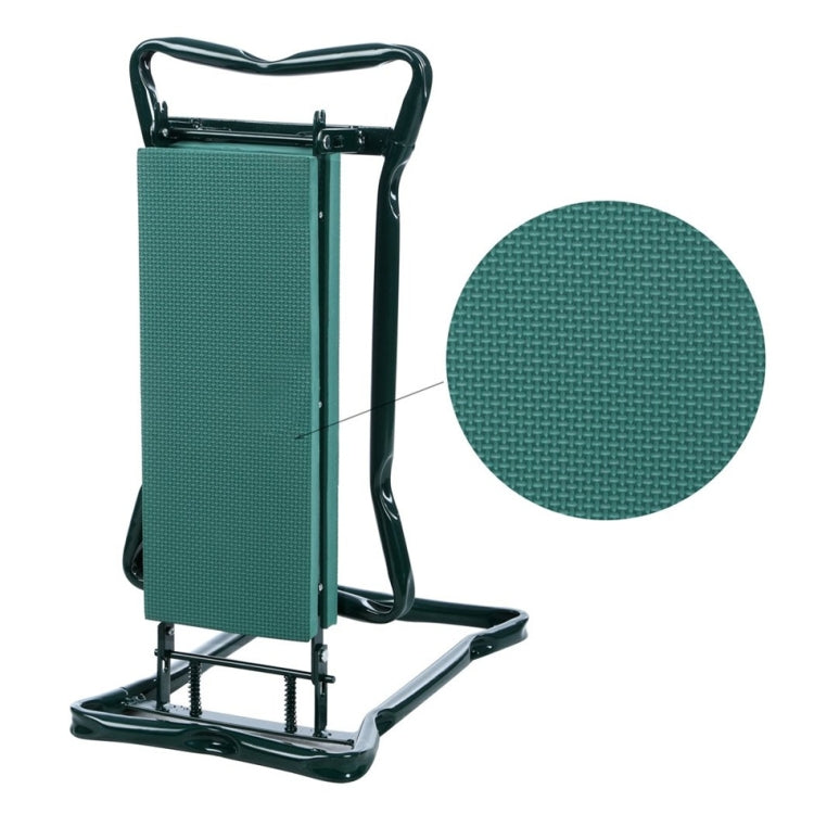 Compact folding garden stool with green textured seat panel and steel base frame