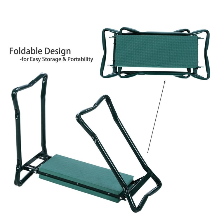 Folding garden stool set with dark green frame and teal-green seat for storage