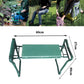 Teal-green folding garden stool with dark green steel legs and mesh-texture seat
