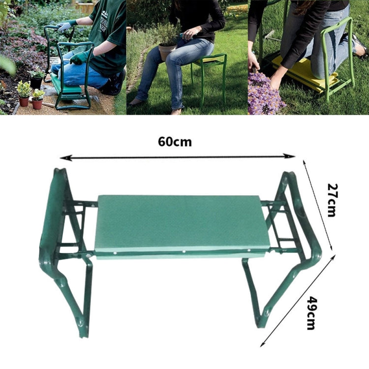Teal-green folding garden stool with dark green steel legs and mesh-texture seat