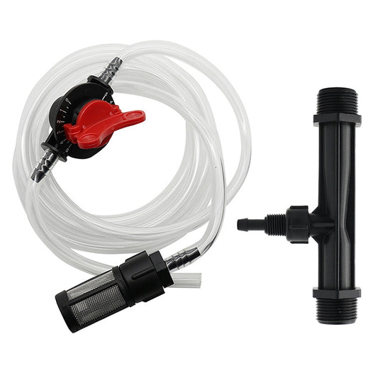 Fertilizer applicator kit with clear tubing, black fittings, red valve, and mesh filter