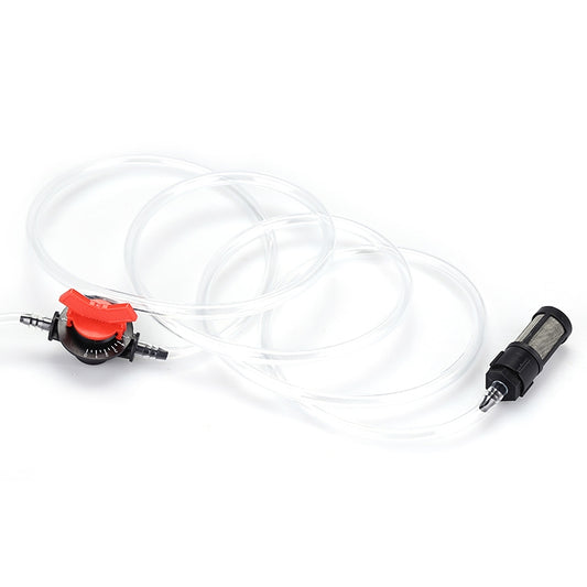 Fertilizer injector straw kit with clear tubing, red metering valve, and black strainer nozzle