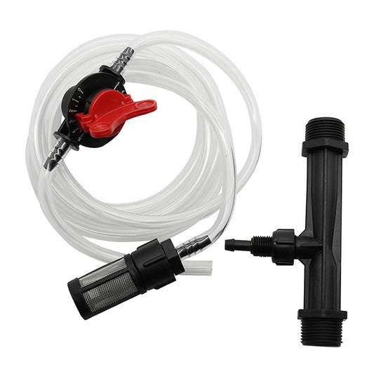 Fertilizer applicator straw kit with clear hose, black valve, red switch, and filter connector