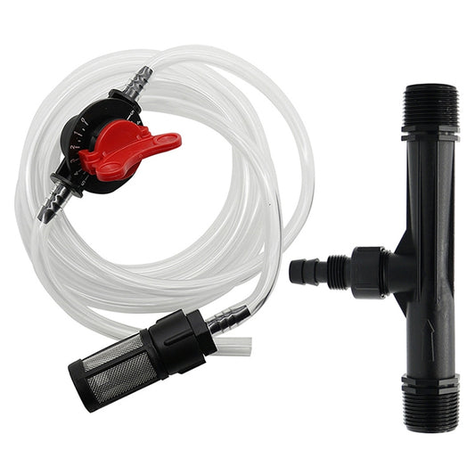 Fertilizer applicator kit with clear tubing, black filter, and red flow control valve