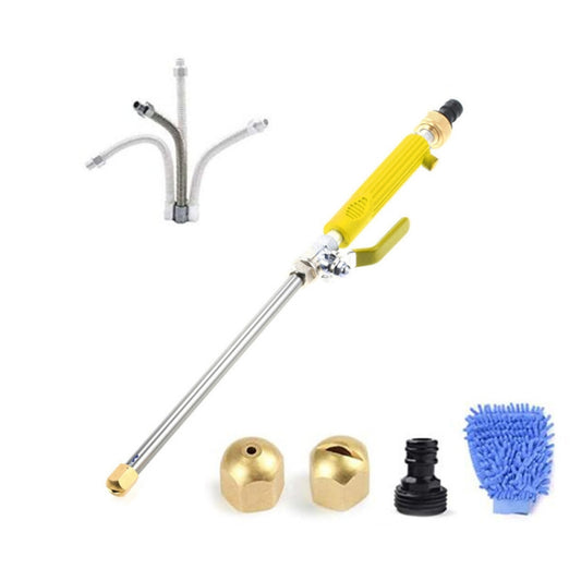 Yellow high-pressure spray nozzle set with wand, brass caps, black adapter, and blue brush.