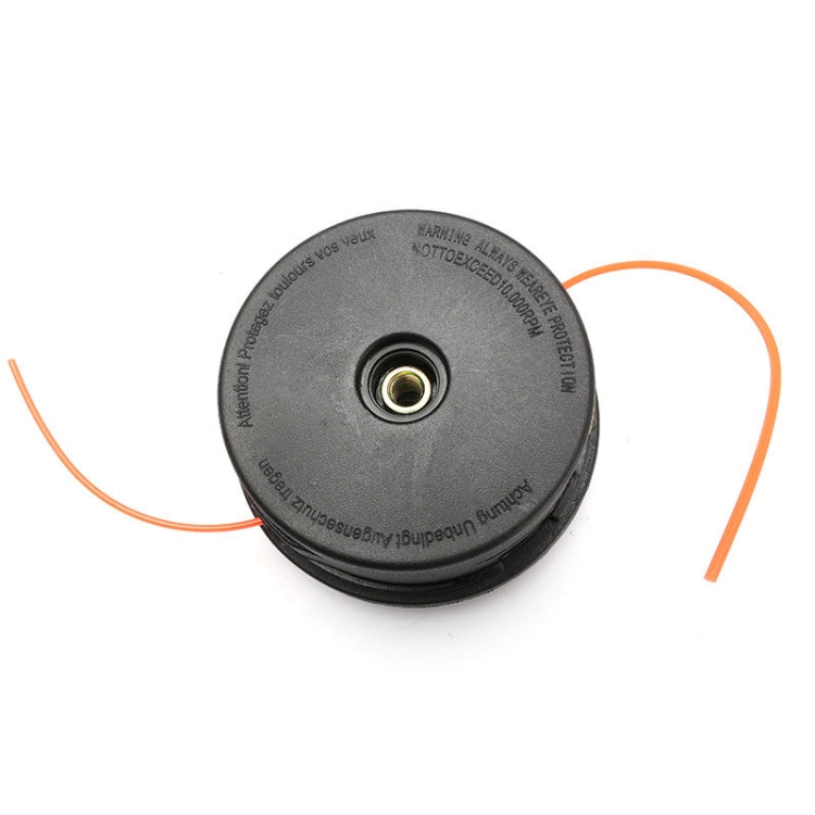 Round trimmer head underside with metal center fitting and orange line