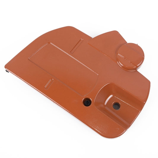 Chain brake clutch cover anti-dust assembly, orange plate with round cap and mounting holes
