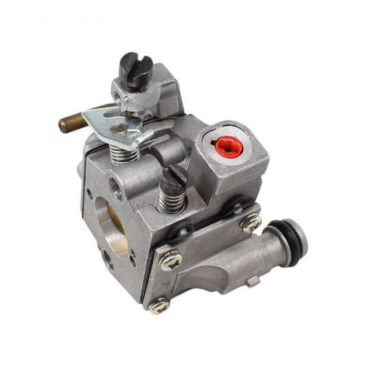 Chainsaw carburetor with red primer cap, metal housing, and throttle lever